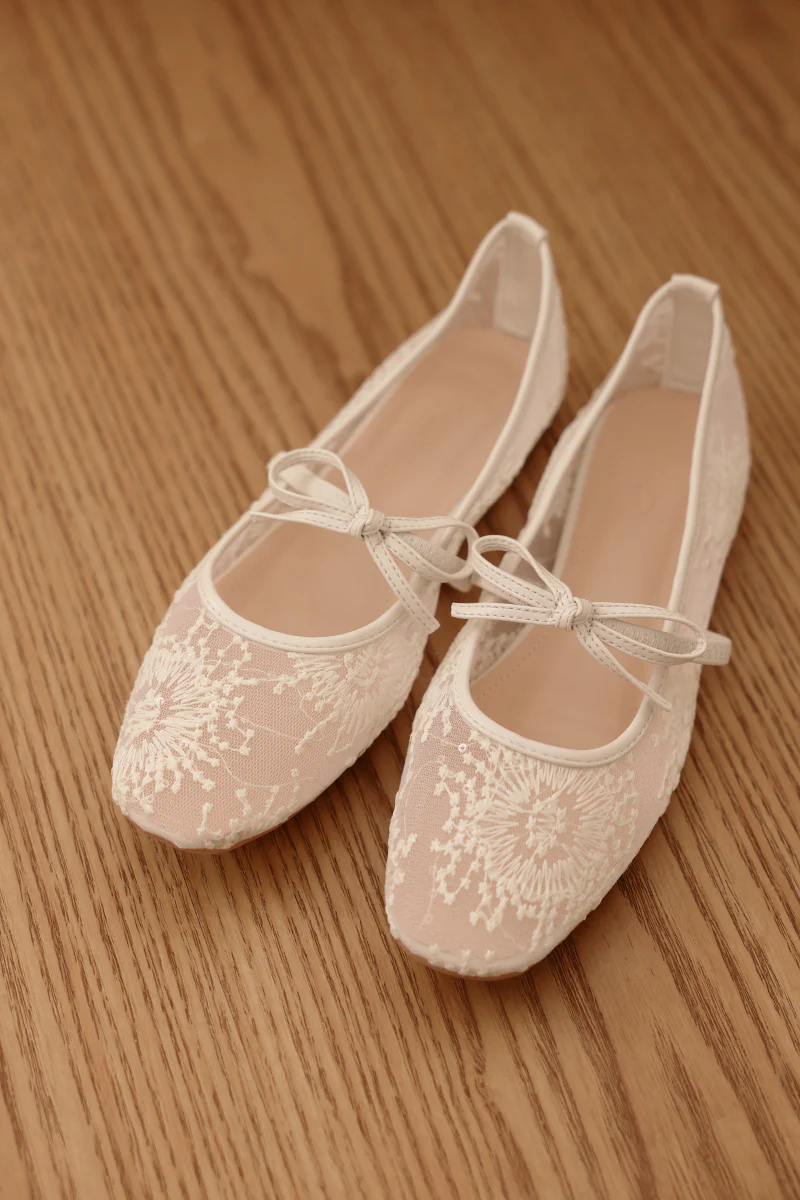 Mirielle Embroided Ribbon Flats in Cream