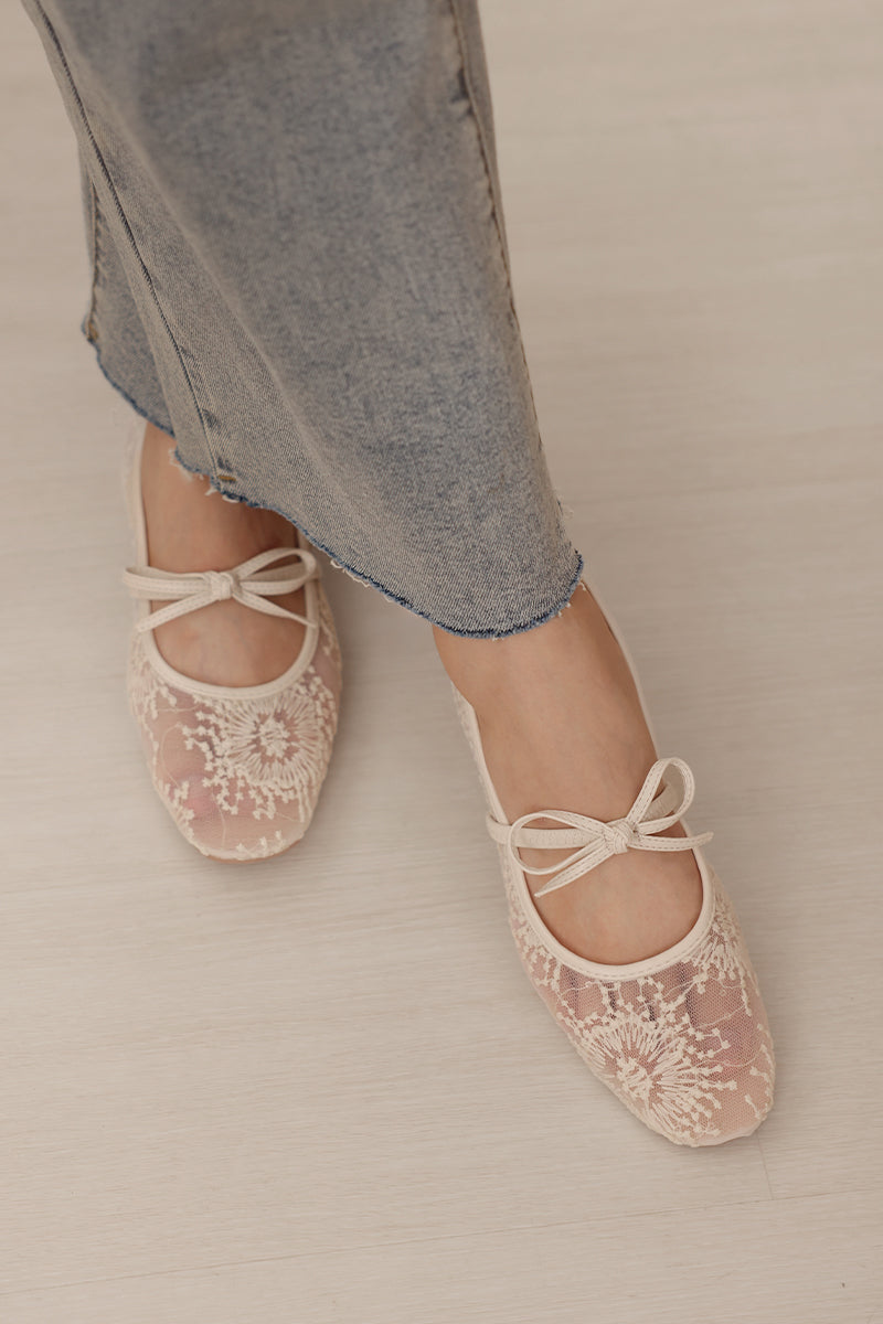 Mirielle Embroided Ribbon Flats in Cream - Image 2