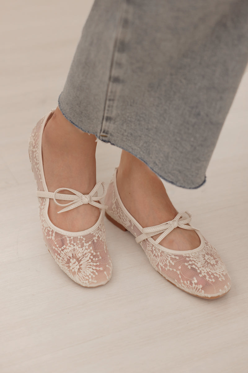 Mirielle Embroided Ribbon Flats in Cream - Image 3