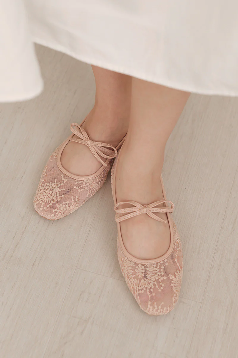 Mirielle Embroided Ribbon Flats in Nude - Image 3