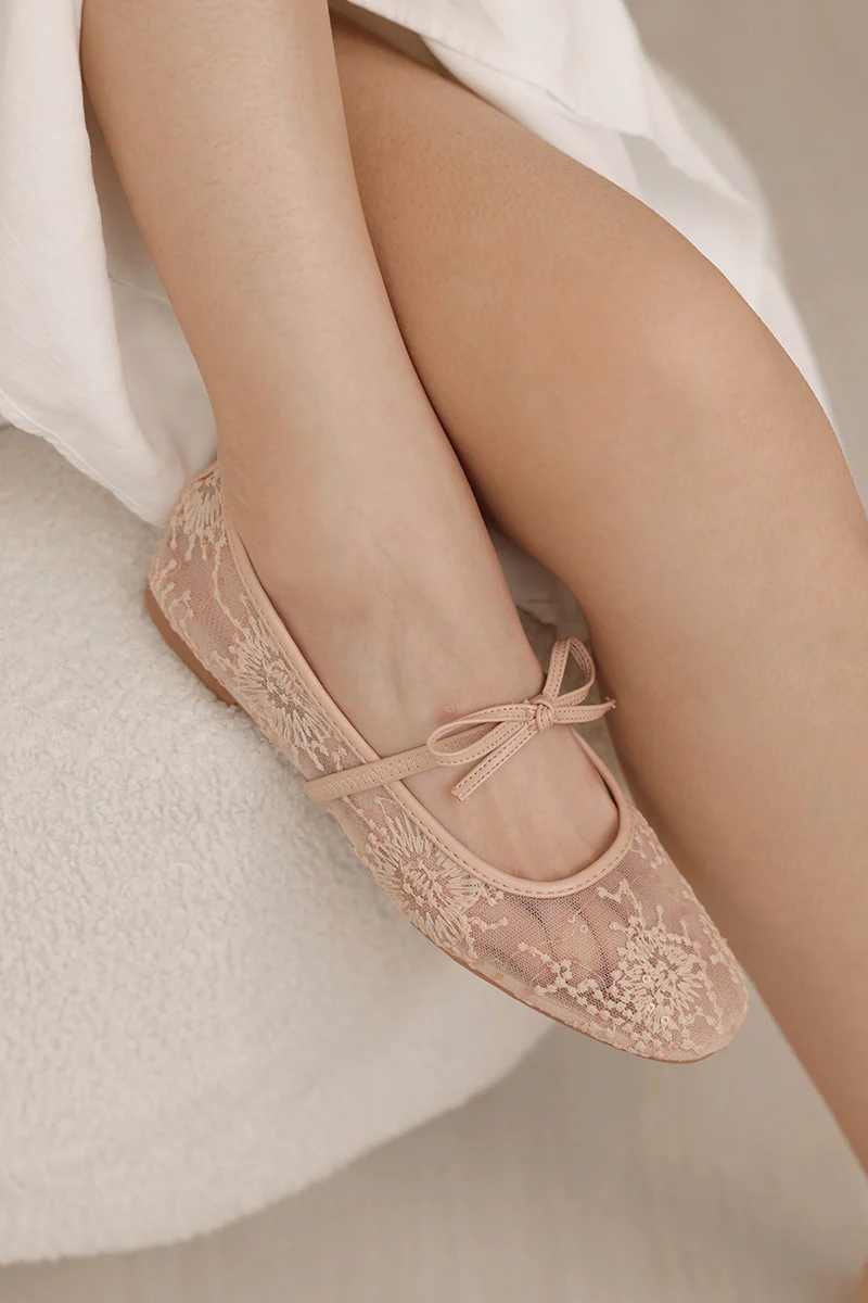 Mirielle Embroided Ribbon Flats in Nude - Image 5