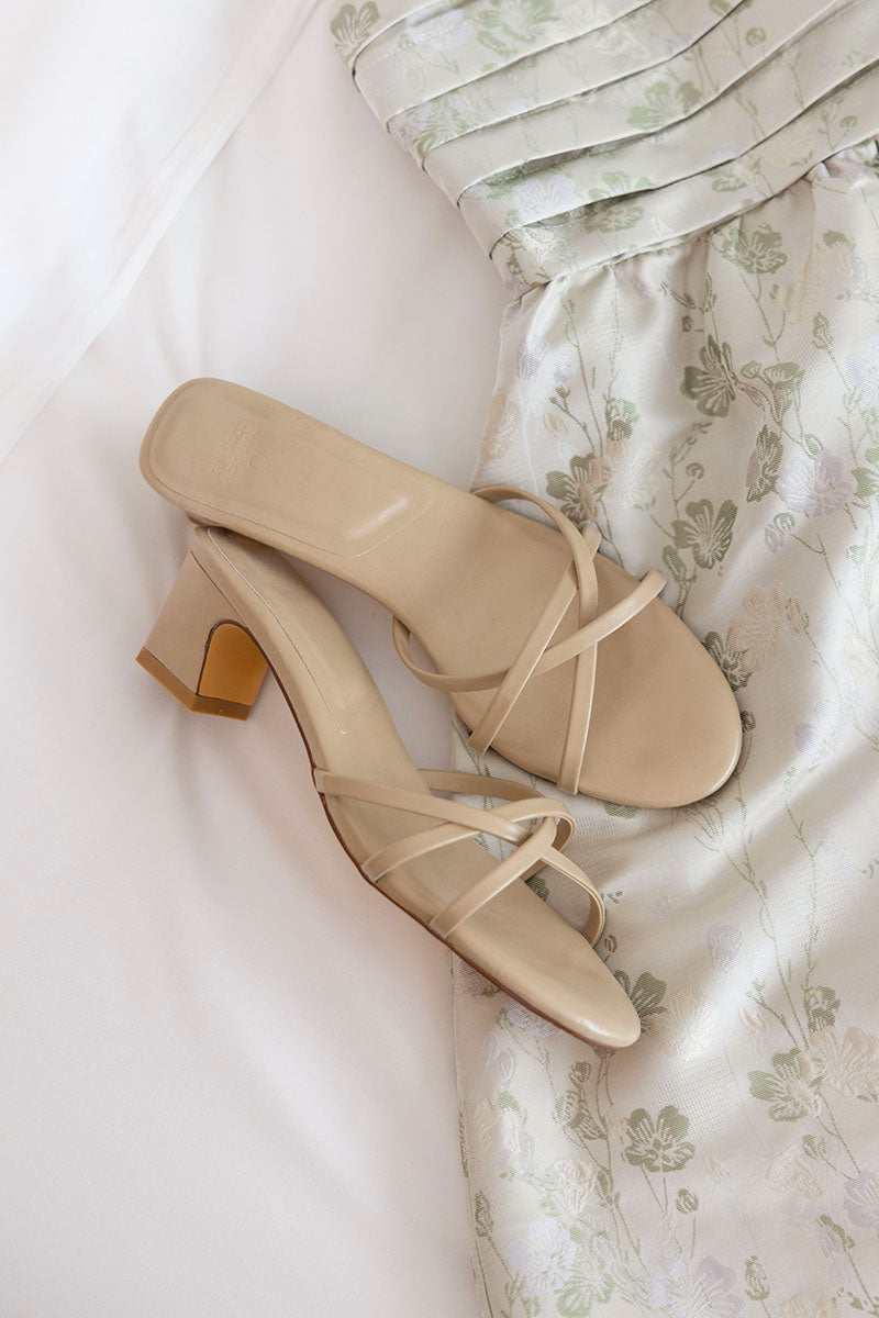 Olivette Strappy Low Block Heels in Taupe - Image 2
