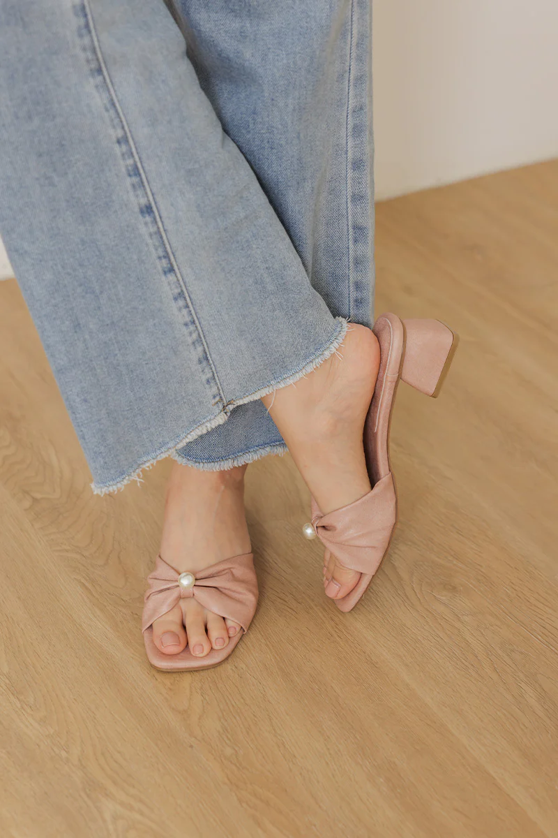 Pearla Block Heels in Pink Waterproof Satin - Image 4