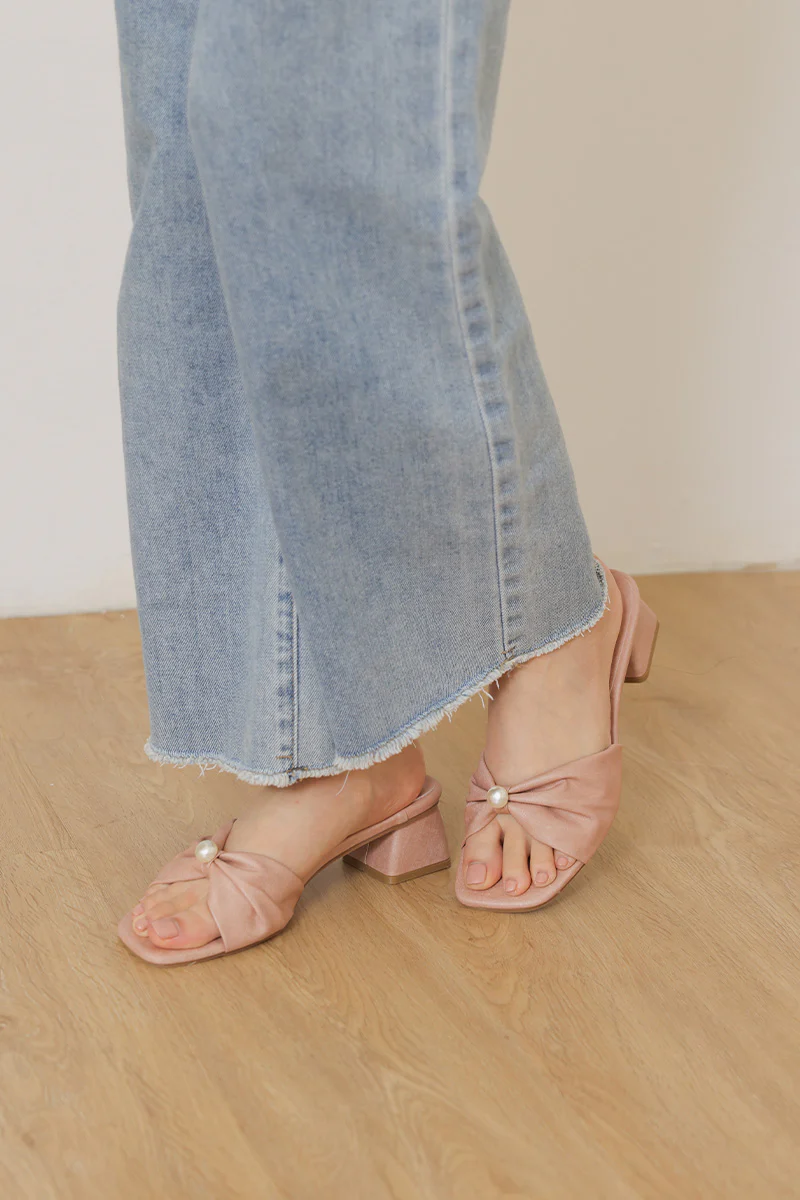 Pearla Block Heels in Pink Waterproof Satin - Image 5
