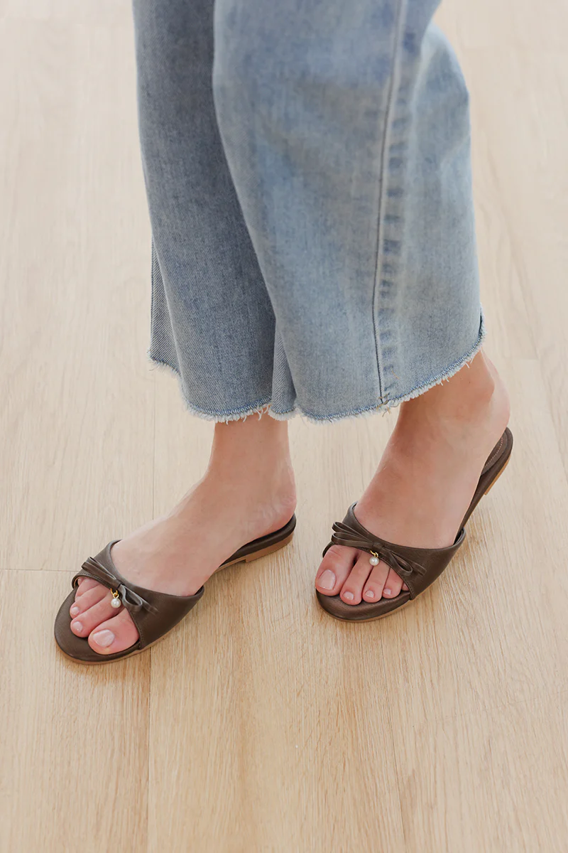 Pearlina Bow Sliders in Brown Waterproof Satin - Image 2