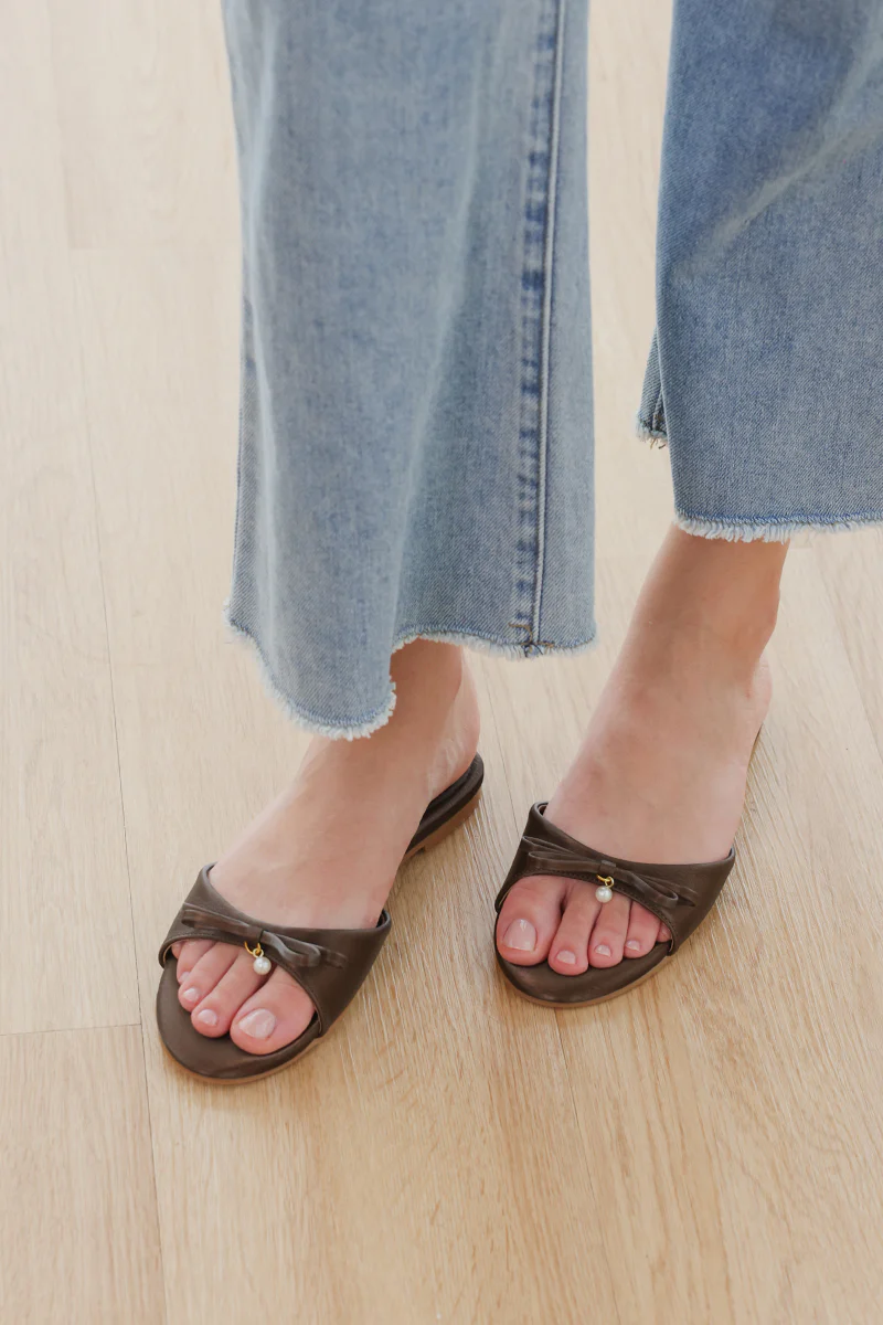 Pearlina Bow Sliders in Brown Waterproof Satin - Image 4