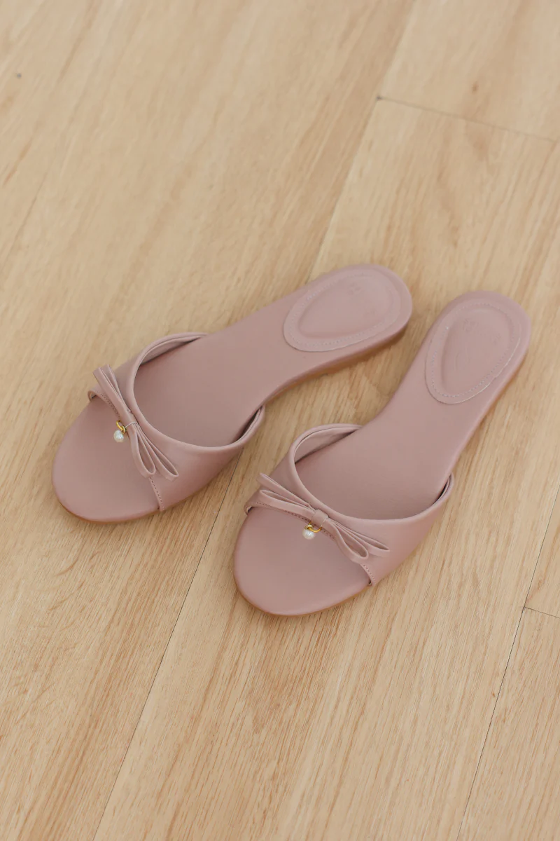 Pearlina Bow Sliders in Dusty Pink Waterproof Satin - Image 6