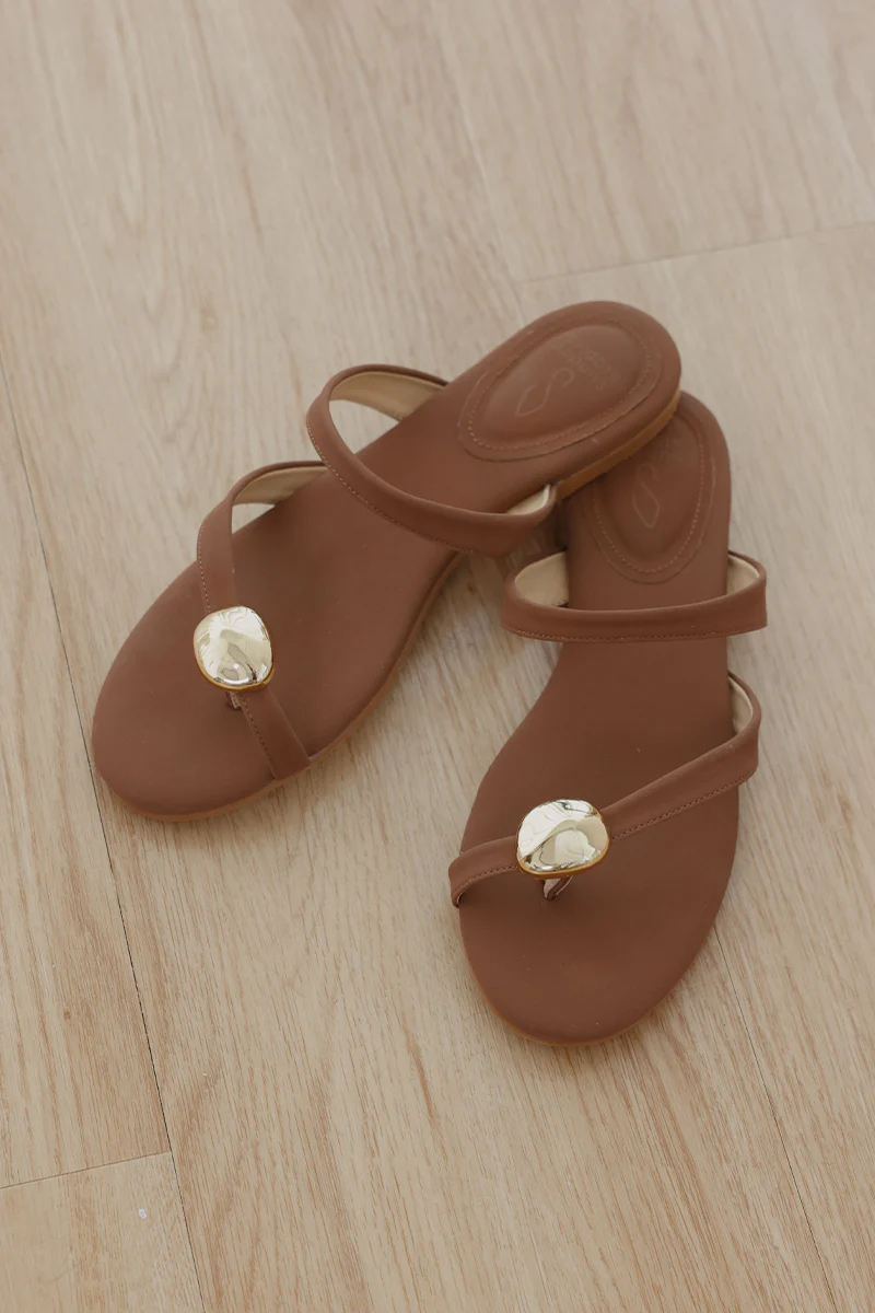 Selin Asymmetrical Sliders in Dark Brown Suede
