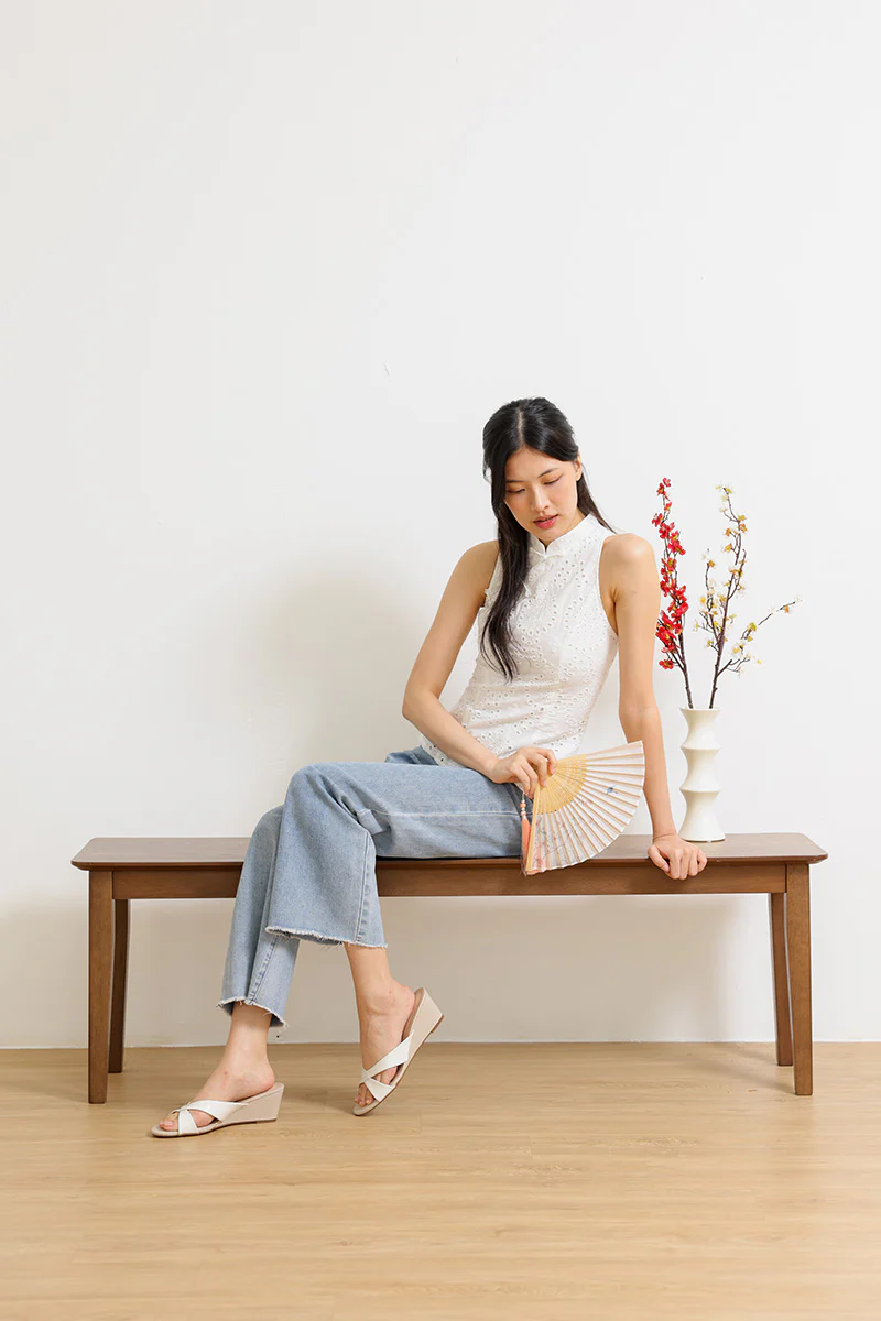 Selune Cross Strap Wedges in Cream - Image 2