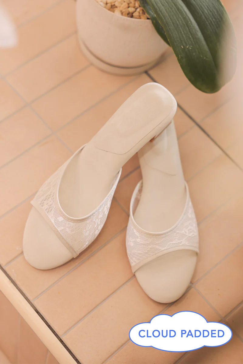 Zaria Lace Mesh Cloud Heels in Cream Waterproof Satin