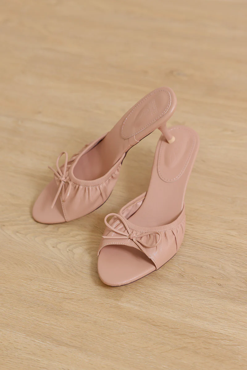 Sera Ruched Ribbon Slip-on Block Heels in Nude Pink