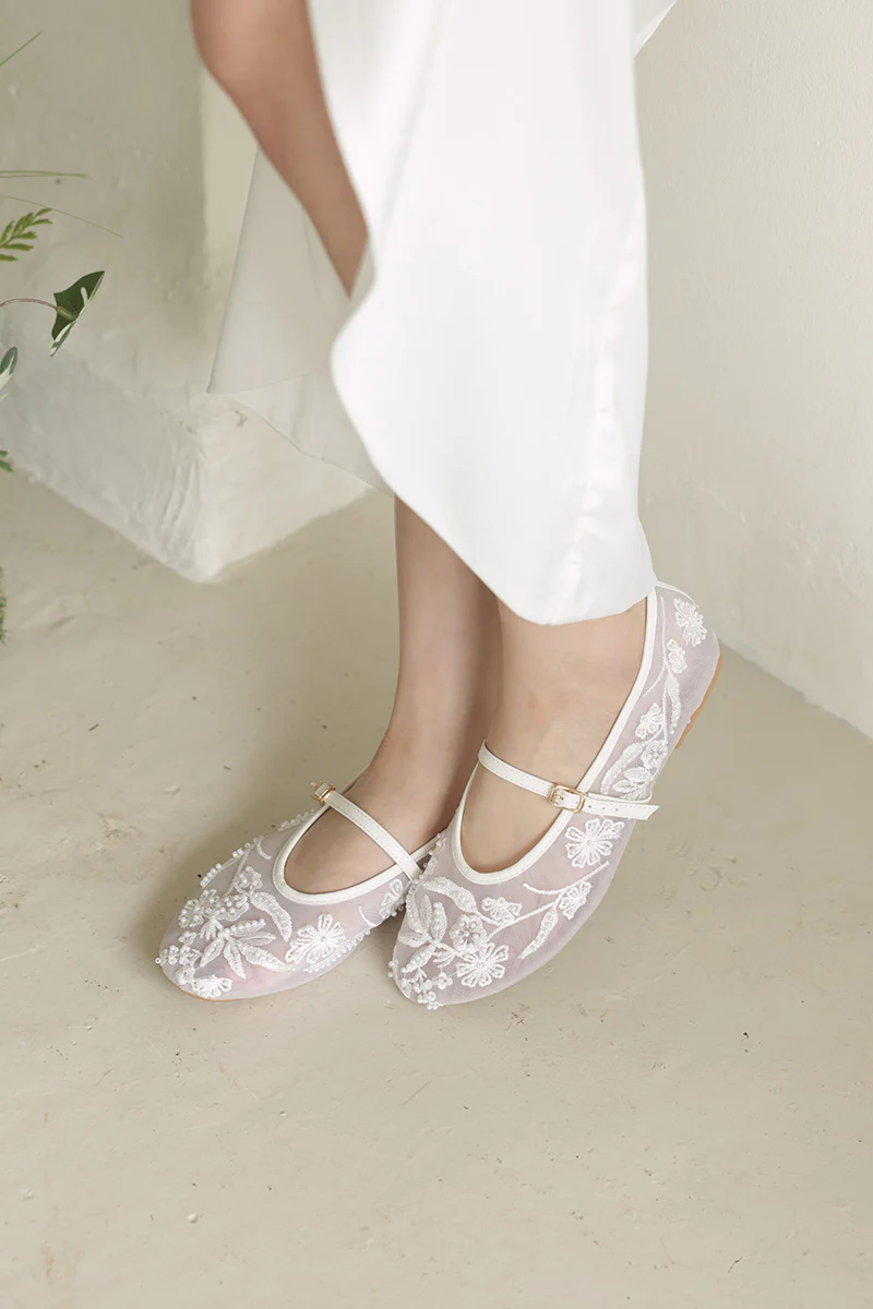 Solyn Embroidered Mesh Flats in Cream - Image 6