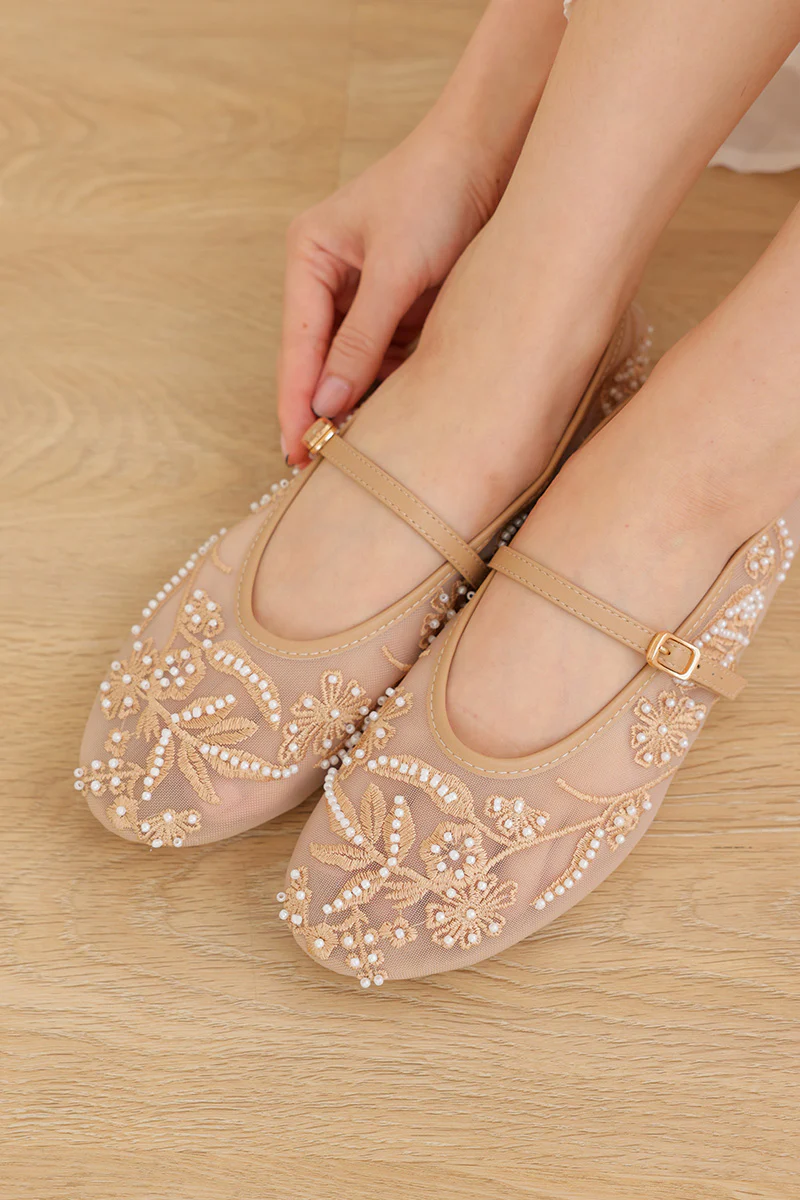 Solyn Embroidered Mesh Flats in Nude - Image 4