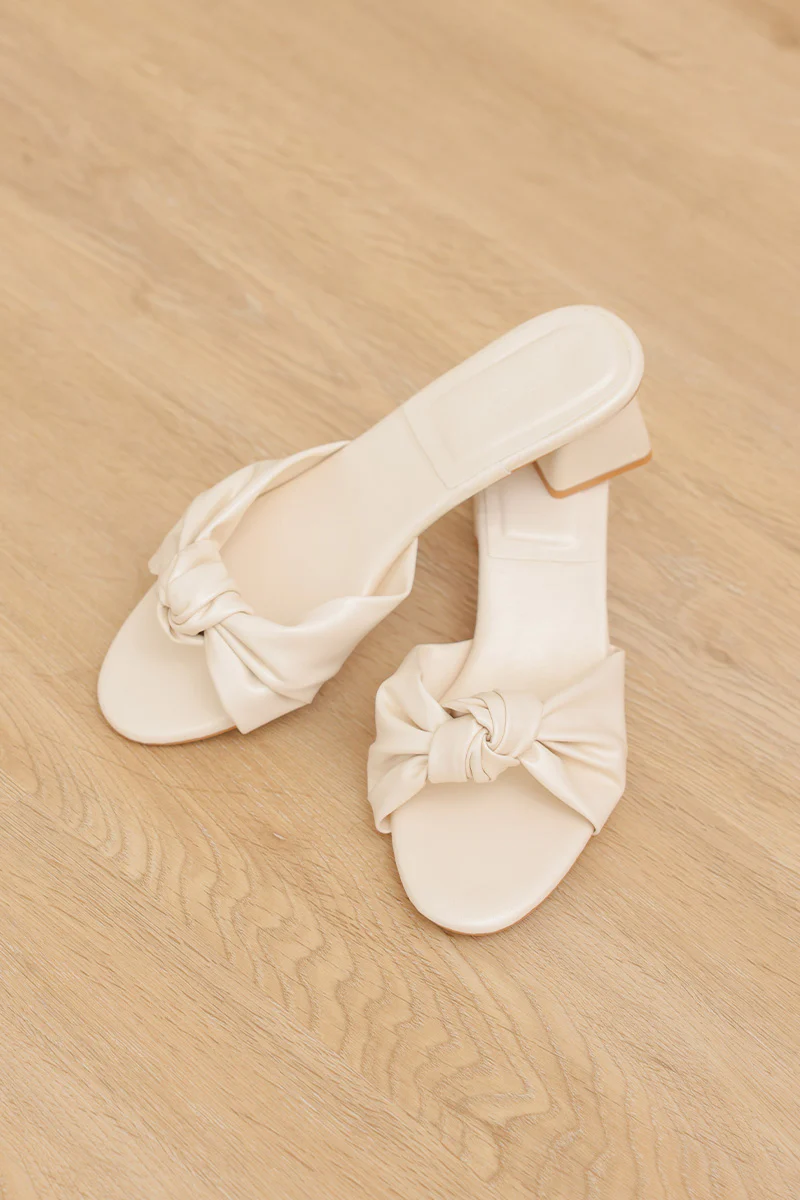 Sona Knotted Block Heels in Cream Waterproof Satin - Image 4