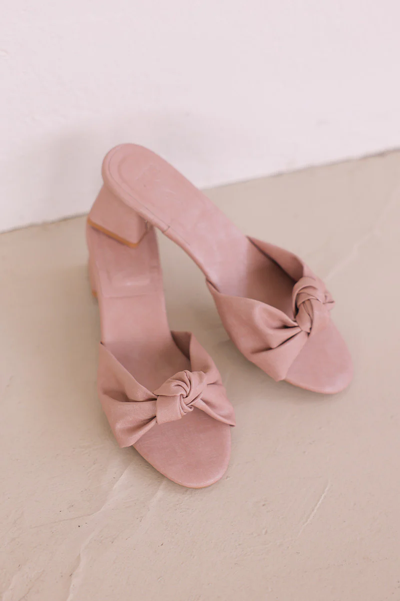 Sona Knotted Block Heels in Pink Waterproof Satin - Image 3
