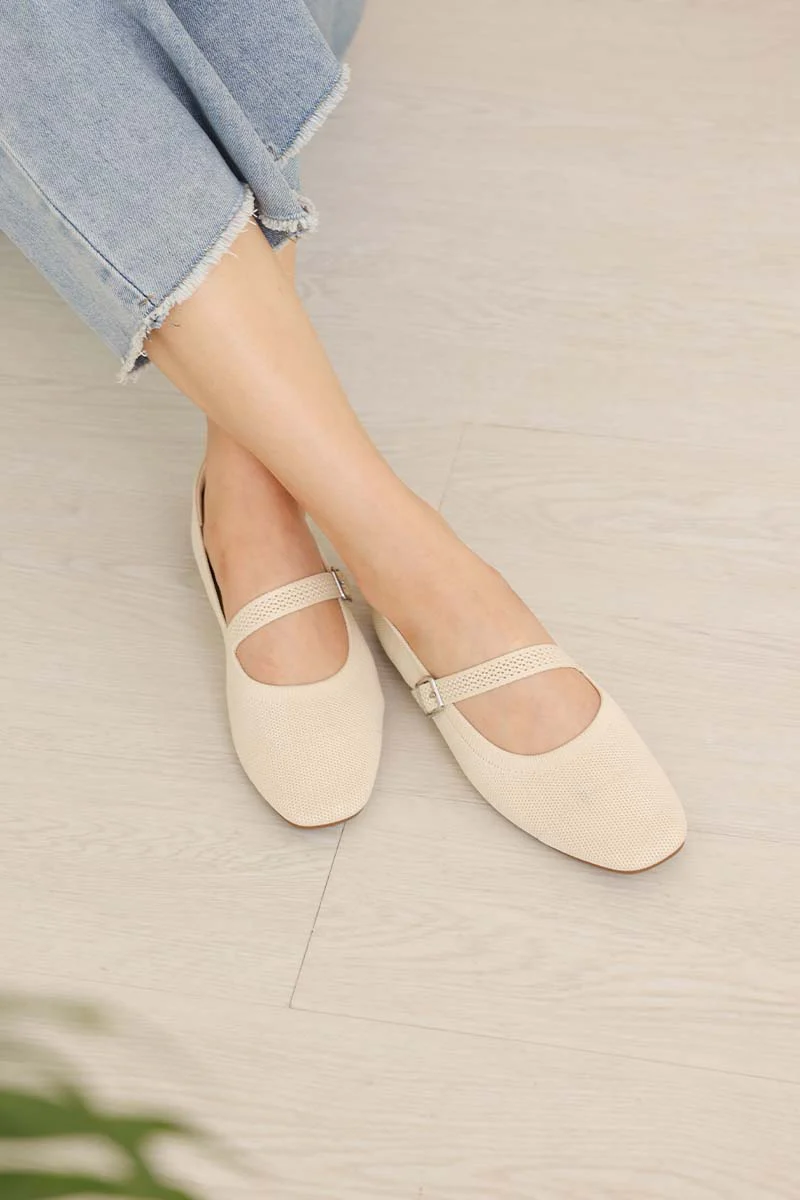 Theryn FlyKnit Slant Maryjane Flats in Cream - Image 3