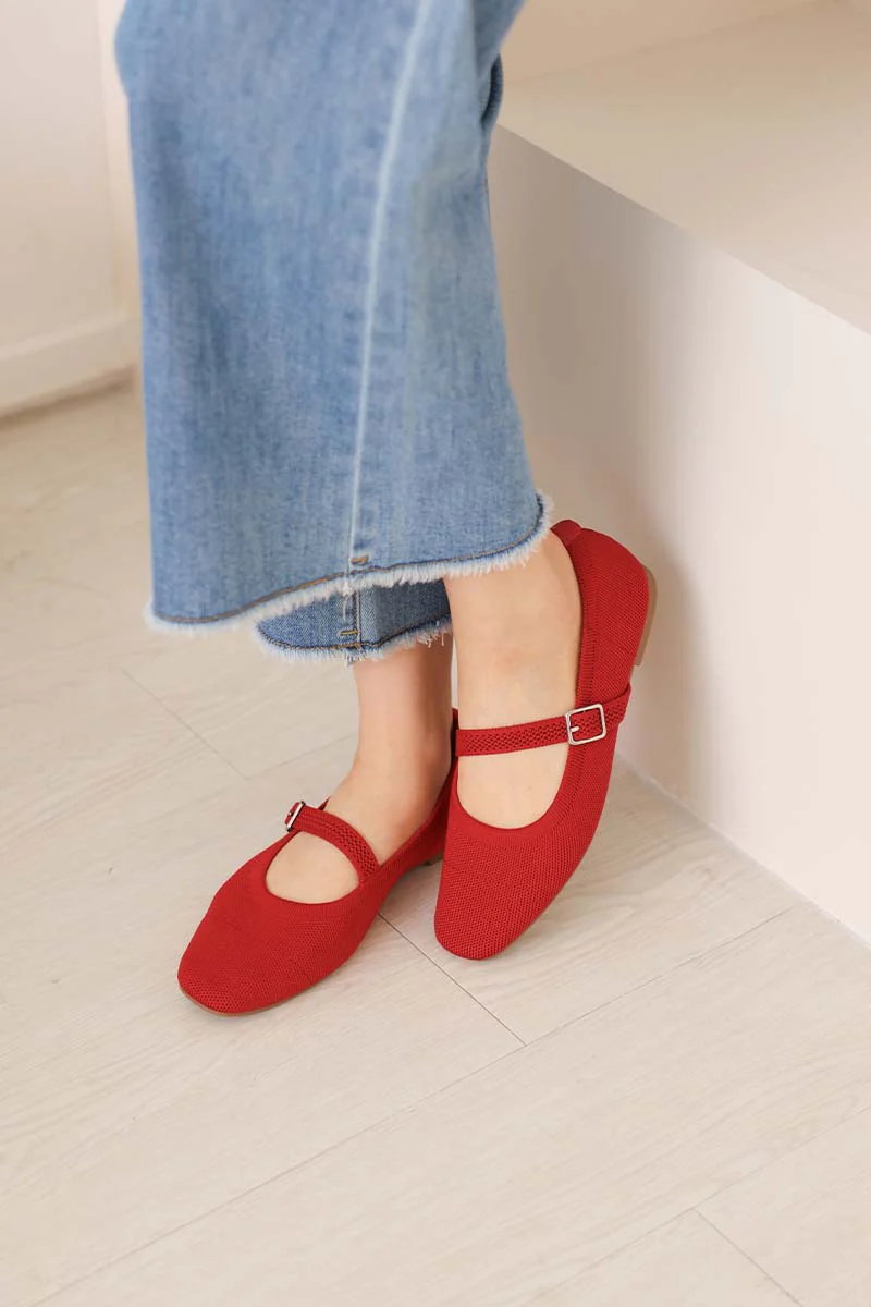 Theryn FlyKnit Slant Maryjane Flats in Red - Image 3