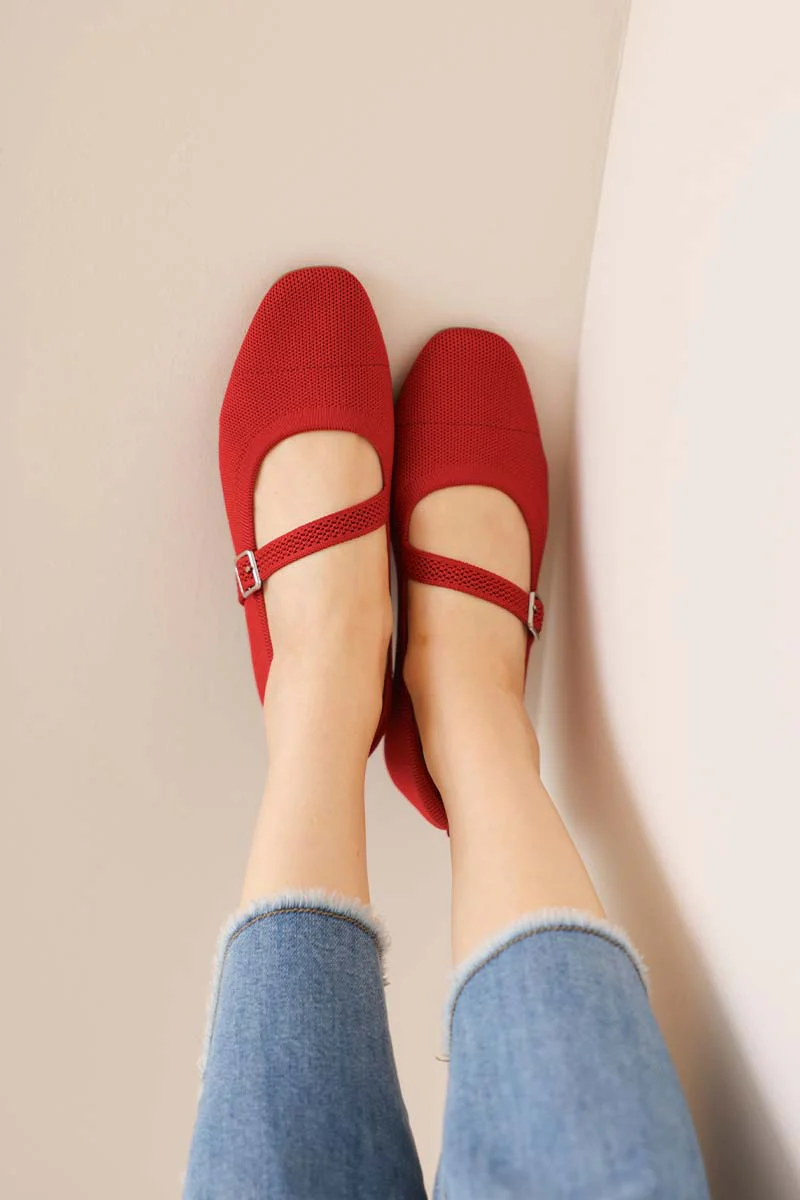 Theryn FlyKnit Slant Maryjane Flats in Red - Image 4
