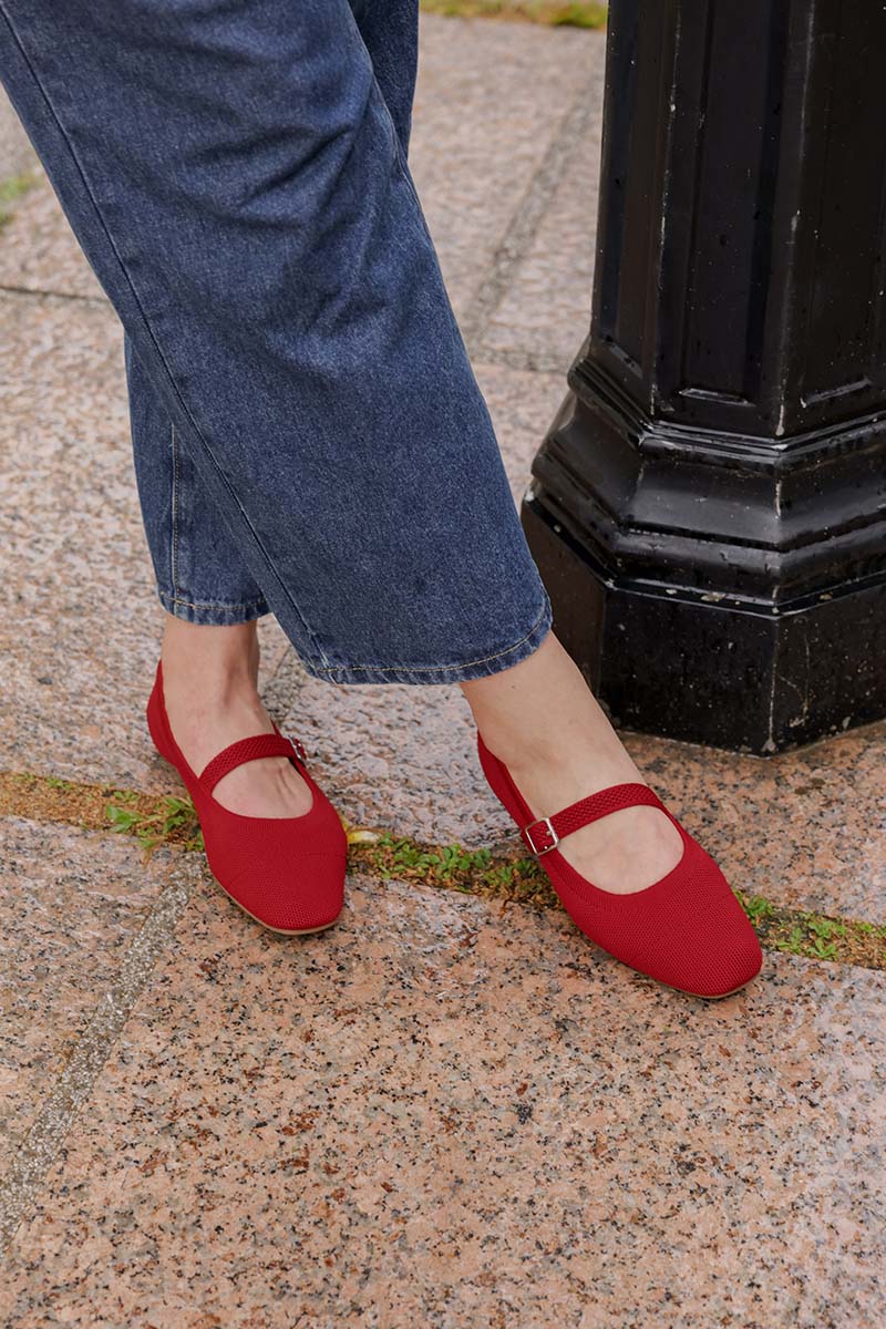 Theryn FlyKnit Slant Maryjane Flats in Red - Image 6