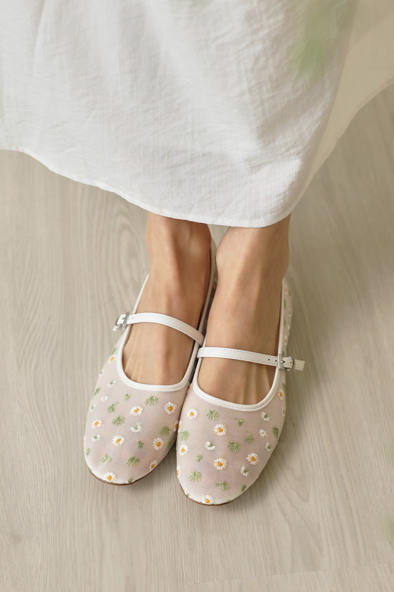Tilly Embroidered Mesh Maryjane Flats in White - Image 2