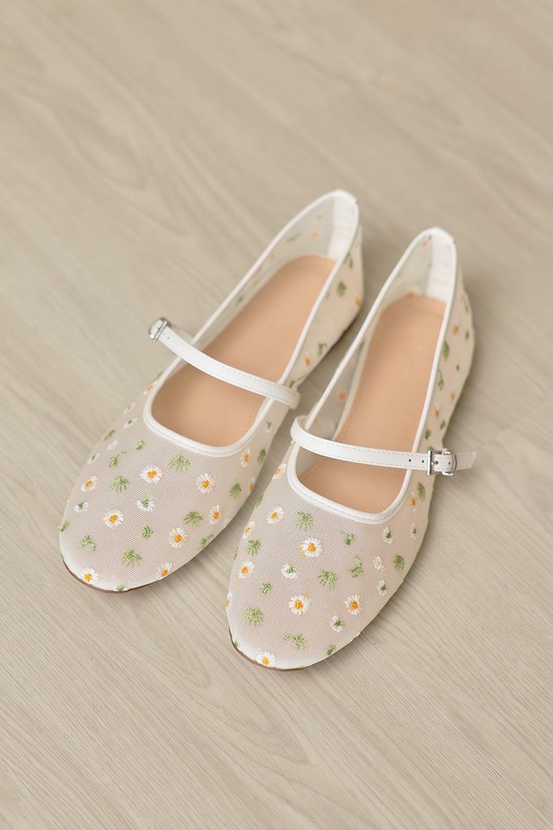 Tilly Embroidered Mesh Maryjane Flats in White - Image 6